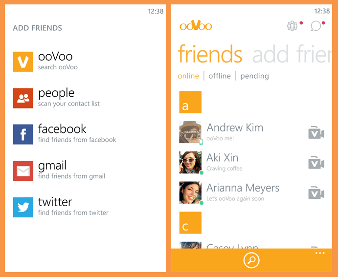 صورة من التطبيق تعرض قائمة الاصدقاء وقائمة البحث عن الاصدقاء في المواقع الاجتماعية للويندوز فون